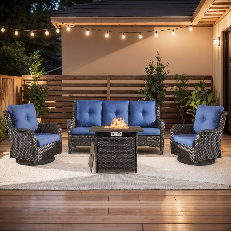 Pocassy 4 Pieces Fire Pit Table with 3-Seat Sofa Swivel Chairs - Brown Wicker Blue Cushion - 4 Pieces Sofa Chairs with Fire Table