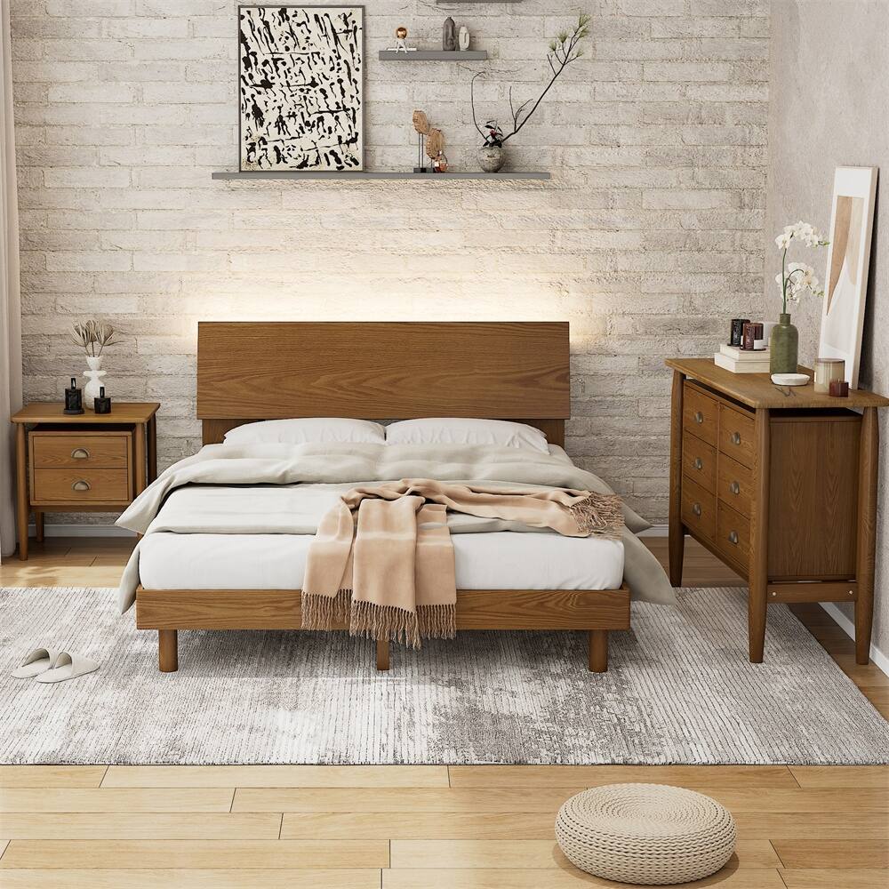 3 Pieces Bedroom Sets Platform Queen Bed With Nightstand and Dresser
