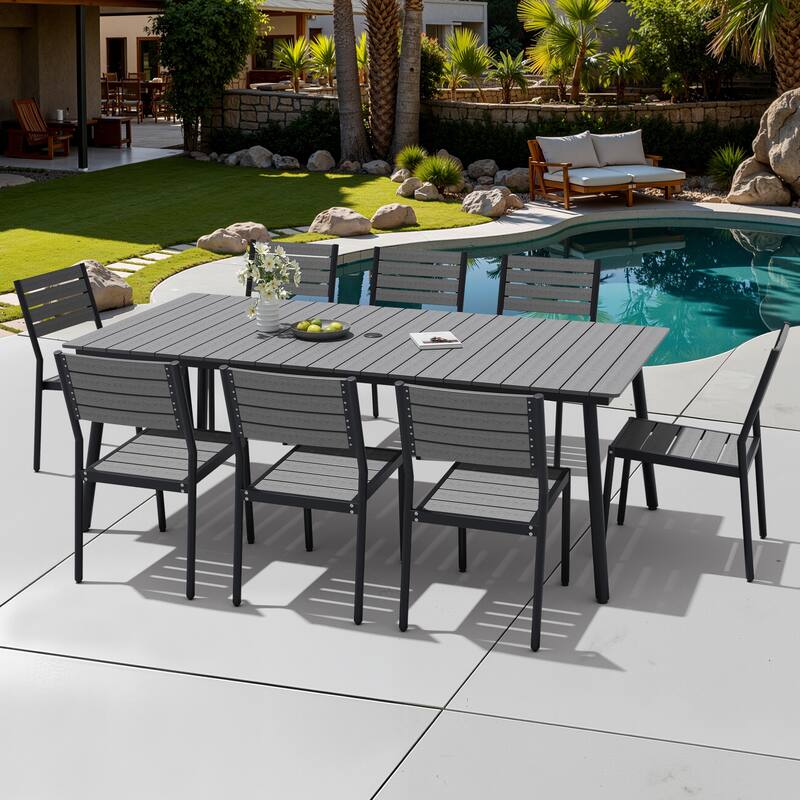 9-Piece Outdoor Patio Dining Set Wood-Like Table Top Alumium Umbrella Hole Table with Stackable Armless Chairs - Grey
