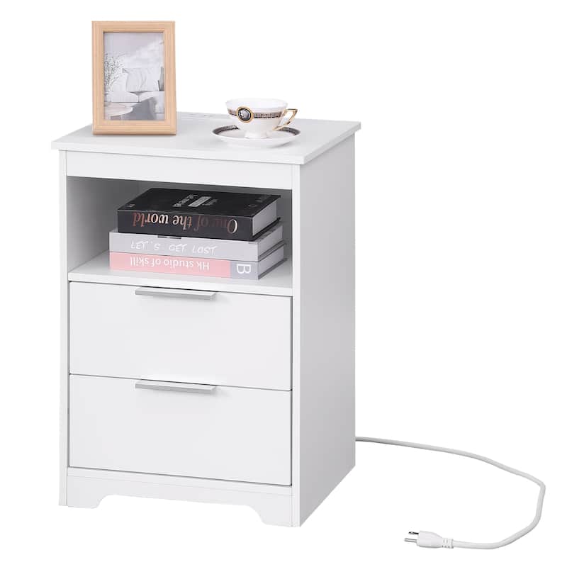 Nightstand with Charging Station,End Table with 2 Drawers,Wooden End Table with Drawer and Opening Shelf - White