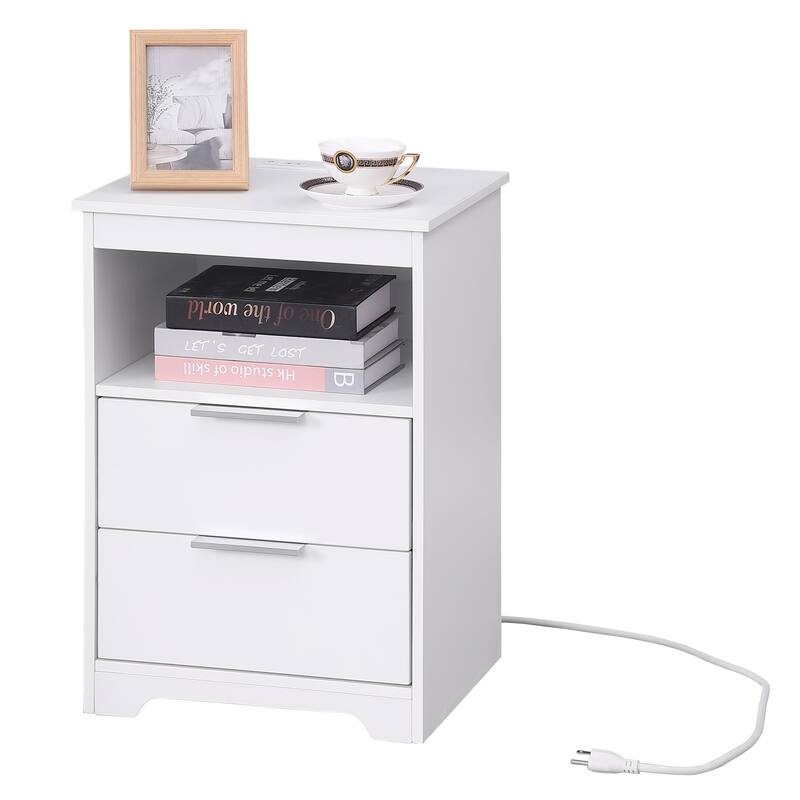 White Wooden Nightstand with Charging Station, Dual Drawers, and Open Shelf for Bedroom or Living Room - White
