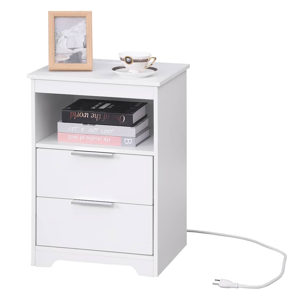 White Wooden Nightstand with Charging Station, Dual Drawers, and Open Shelf for Bedroom or Living Room