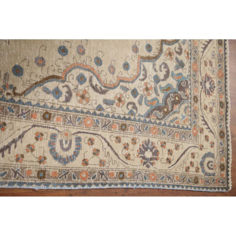 Hand Knotted Oriental 100% Wool Carpet Traditional Medallion Beige & Ivories Tabriz Area Rug - 9' 5'' X 6' 5''