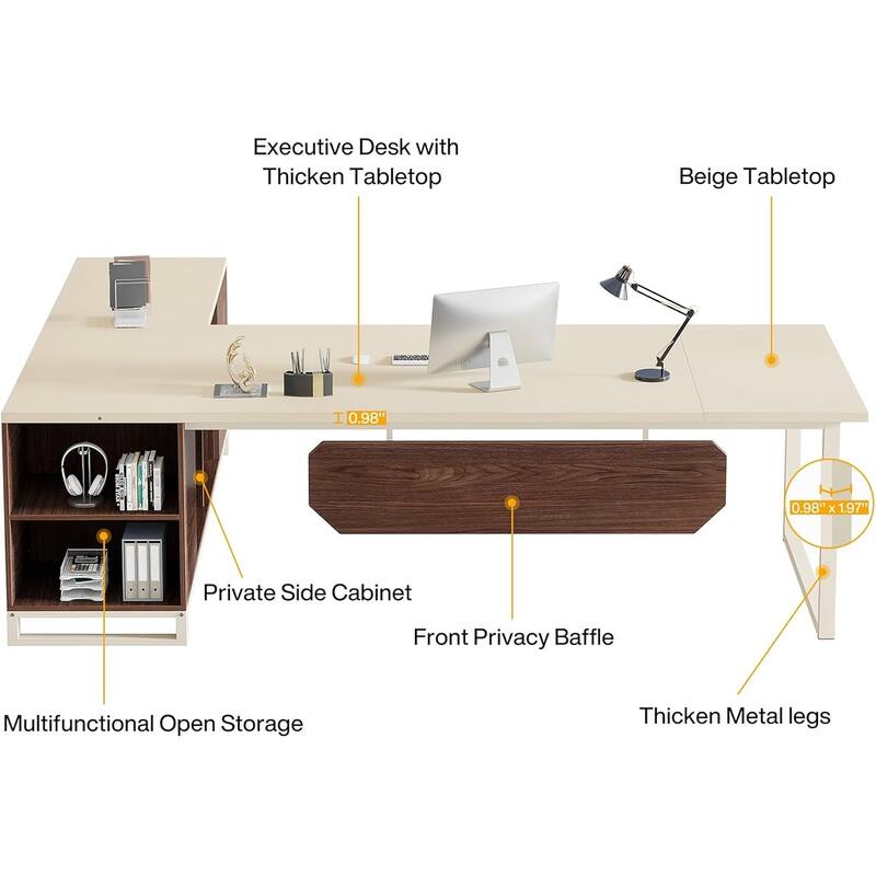 70.8" L-Shaped Executive Desk with 55" File Cabinet, Large Computer Desk with Storage Shelves/Cabinet for Home Office