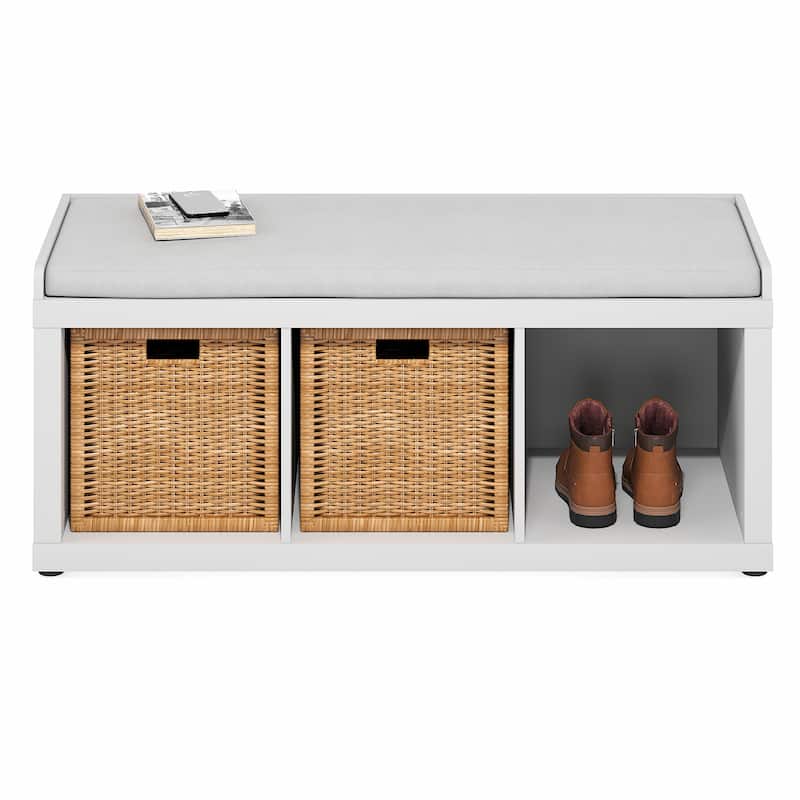 Furinno Cubicle 3-Cube Storage Bench with Comfy Cushion for Entryway, Living Room, White