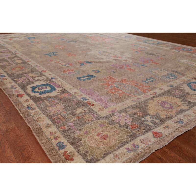 Hand Knotted Oriental 100% Wool Carpet Transitional All-Over Brown Oushak Area Rug - 12' 4'' X 9' 5''