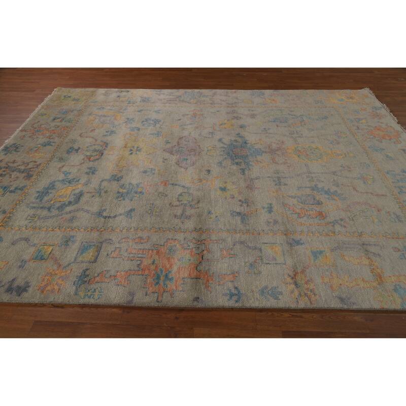 Floral Grey Oushak Indian Area Rug Hand-Knotted Wool Carpet - 7'11" x 9'10"