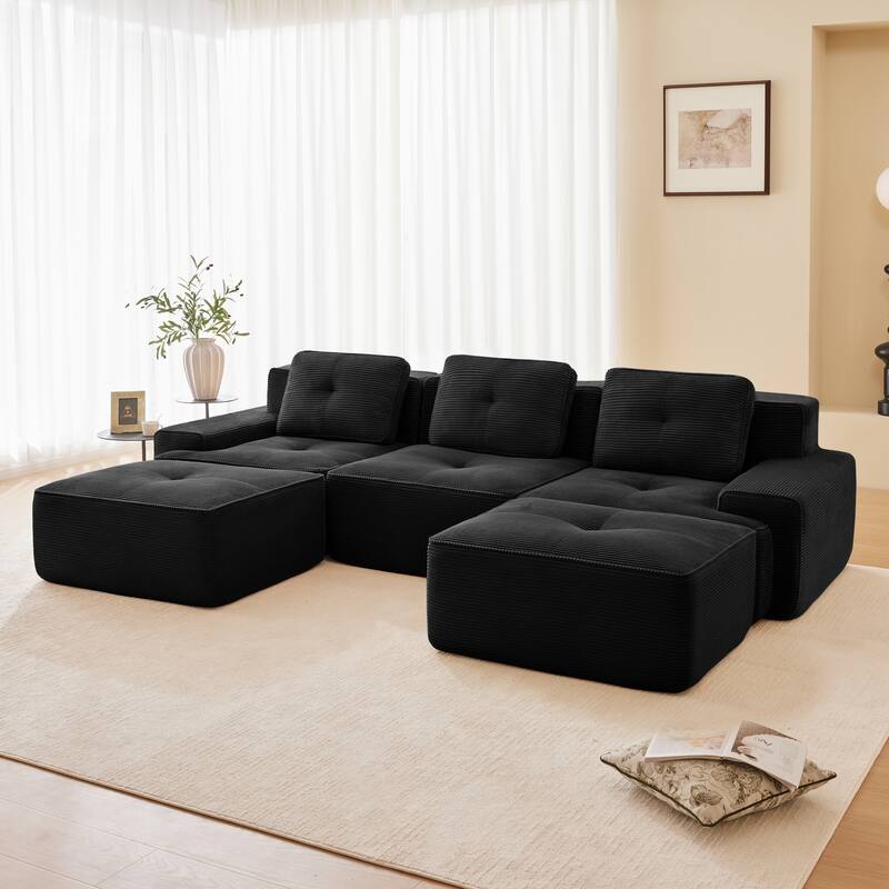 Roomfitters No Assembly Modular Sofa, 117 Inch Corduroy 3-Seater with Piping, Black
