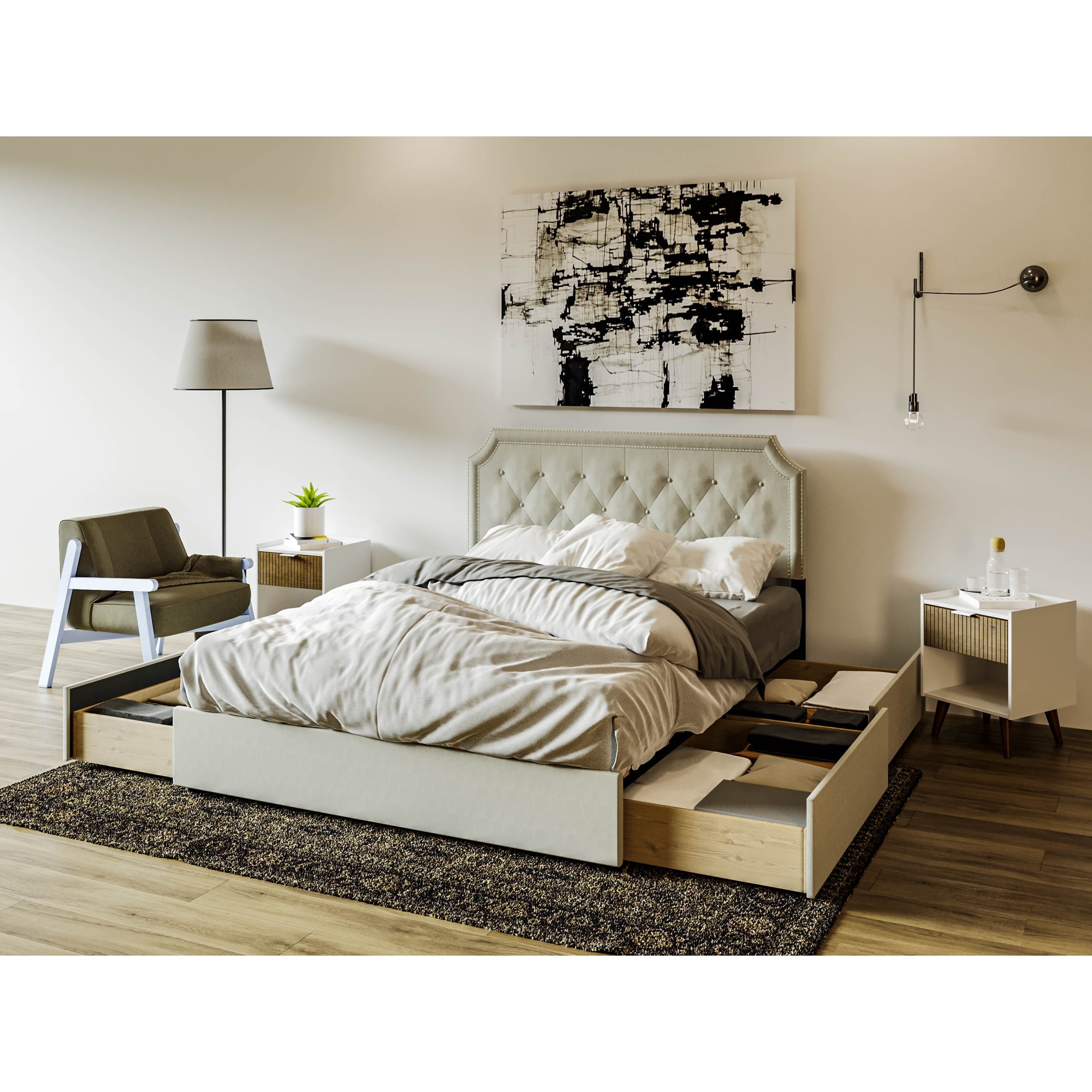 Dg casa wembley tufted upholstered panel shop bed frame with nailhead trim headboard