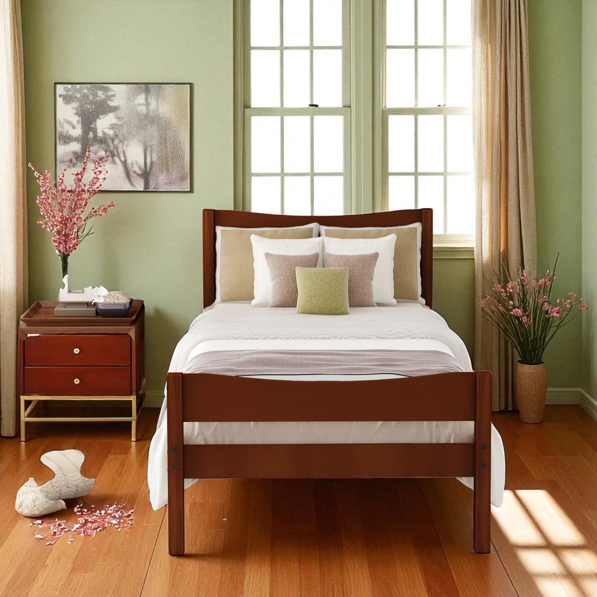 Twin Size Wood Platform Bed Frame with Headboard and Slats, Classic Pine Construction in Walnut Finish