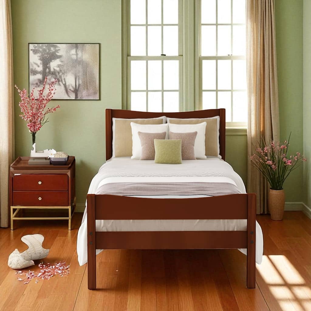 Twin Size Wood Platform Bed Frame with Headboard and Slats, Classic Pine Construction in Walnut Finish