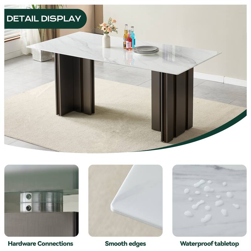 69.30 Inch Rectangular Dining Table, Modern Style, Tempered Glass With Marble Texture Tabletop, Suitable For 4-6 People