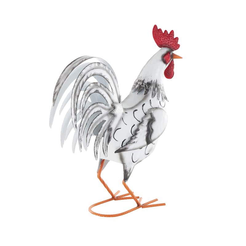 White Metal Rooster Garden Sculpture with Black Texturing and Red Accents