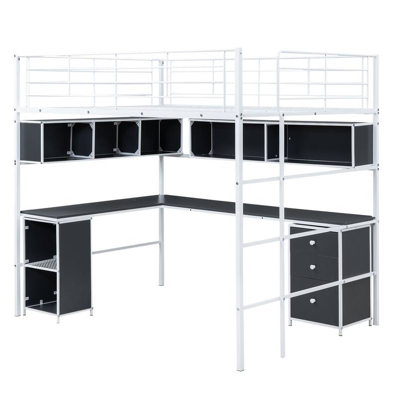 Full Metal Loft Bed with Bookcase, Desk, Cabinet, and Guardrail