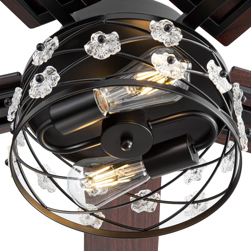 52" Reversible 5-Blade Farmhouse Glam Floral Glass Caged Ceiling Fan with Light and Remote