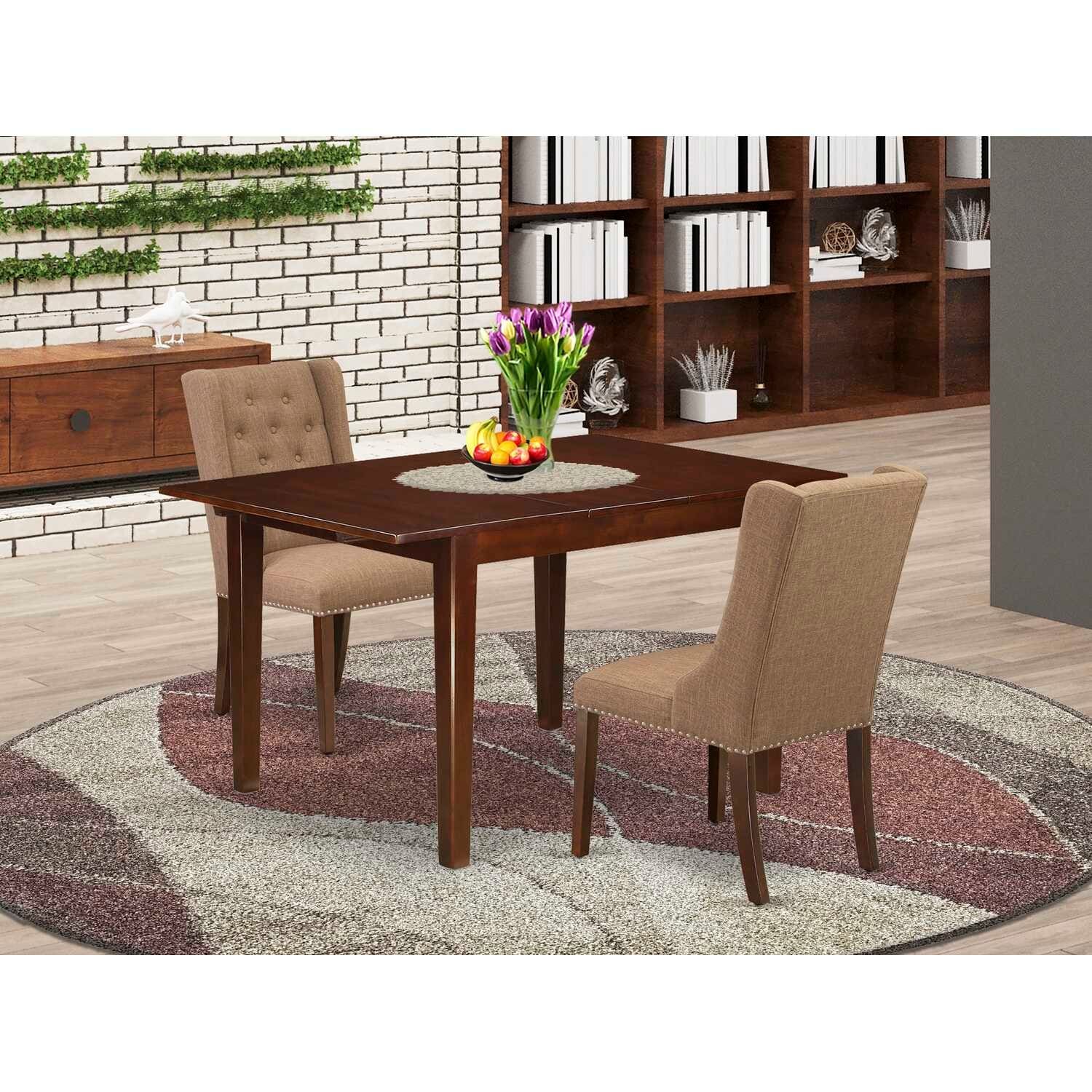 HomeStock 3-Pc Mahogany Finish Rectangular Solid Wood Top with Butterfly Leaf Dining Table Set
