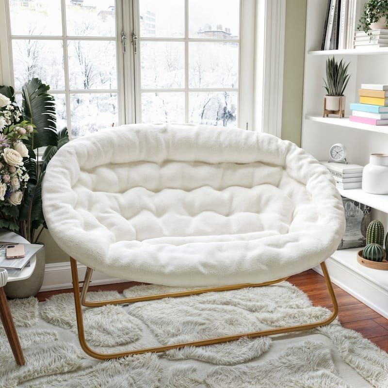 Folding Synthetic Fur Double Saucer Chair with Steel Frame - 27.5"D x 55.5"W x 33.5"H