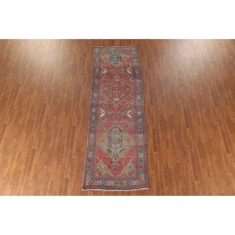 Geometric Tabriz Persian Vintage Runner Rug Handmade Wool Carpet - 3'7"x 11'3"