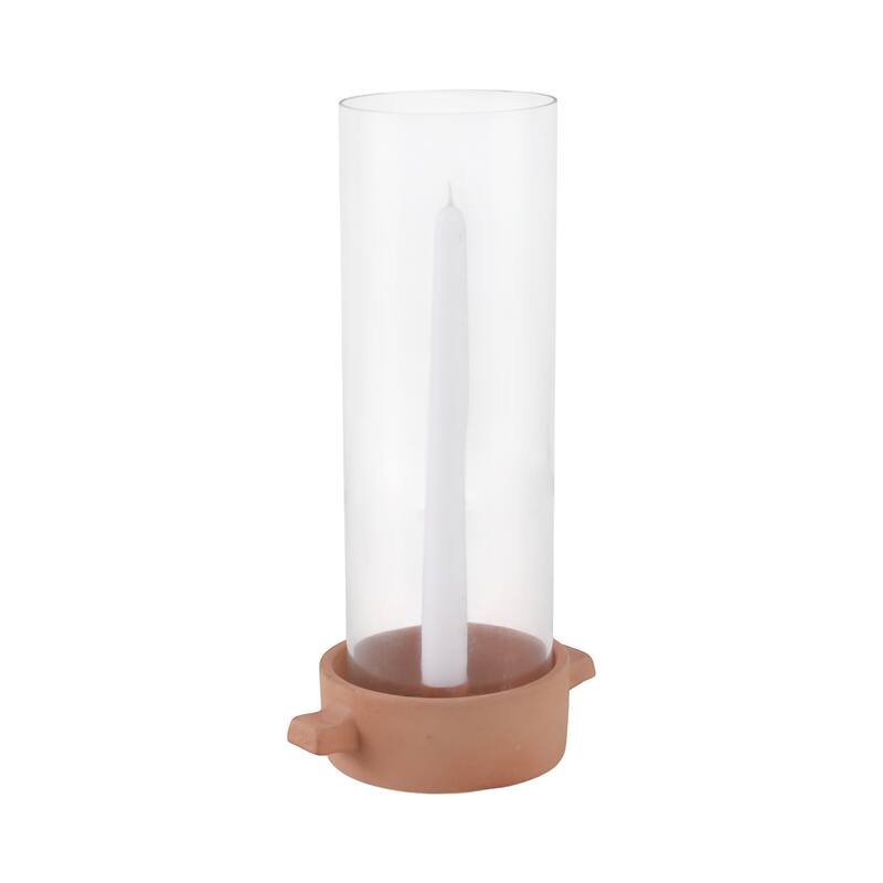 Pottery Glass Pillar and Taper Holder Rustic Base and Hurricane Sleeve - 7" x 5" x 13"