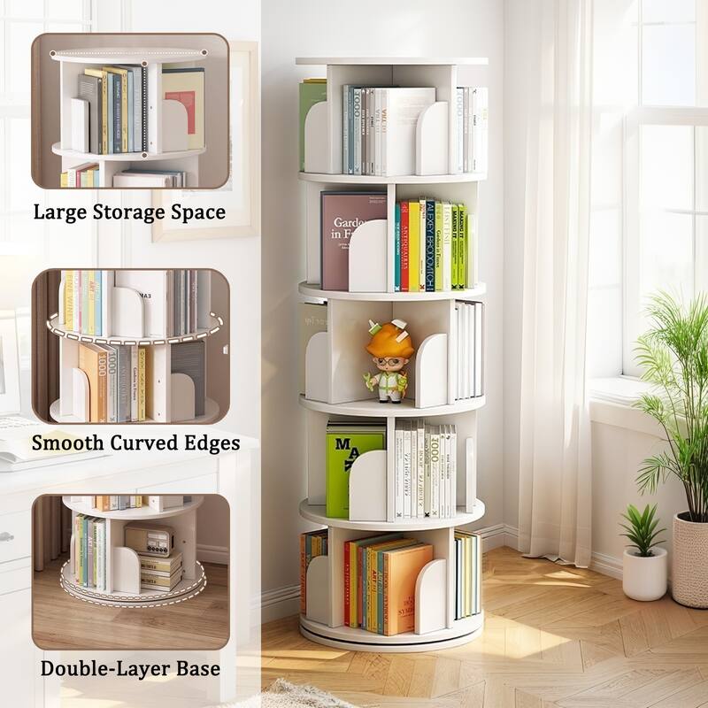 Rotating Bookshelf, 360 Display 5 Tier, Floor Standing Bookcase Storage Rack, Wood Narrow Book Shelf Organizer