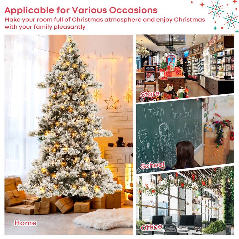 Gymax 7 FT Pre-Lit Snow-Flocked Christmas Tree Artificial Hinged Xmas
