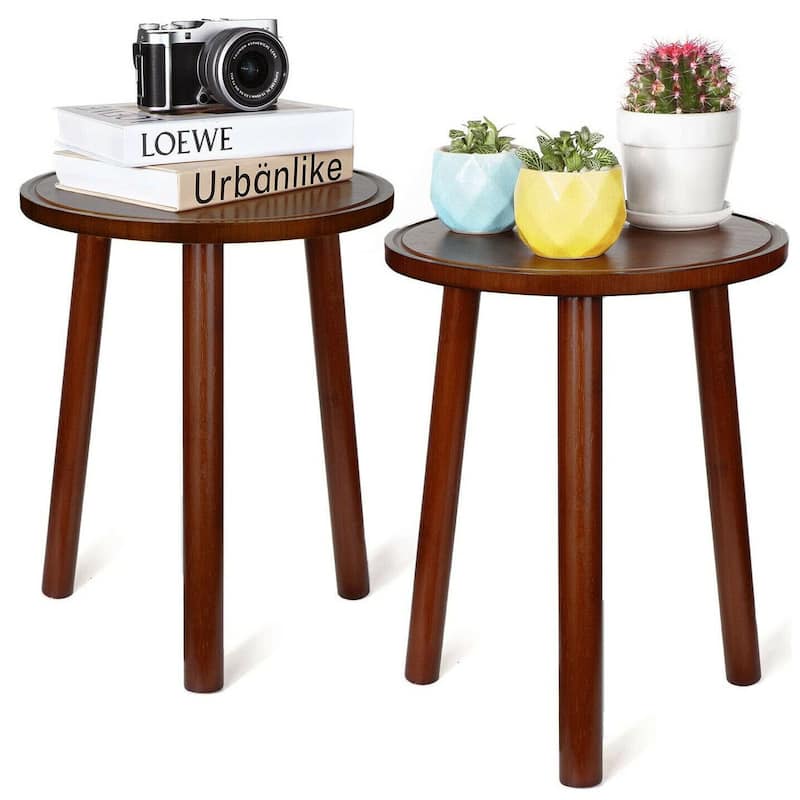 Bamboo Plant Stand Garden Flower Potted Modern Round Side Table Set of 2