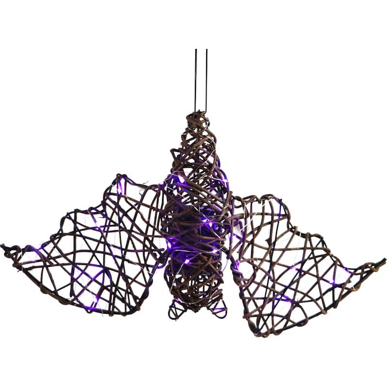 Haunted Hill Farm Set of 3 Battery-Operated Rattan Bats with Hanging Loops, Purple Lights, and Timer