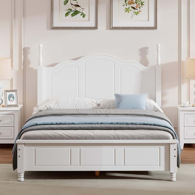 Full Size Wood Platform Bed with Wood Slats - White