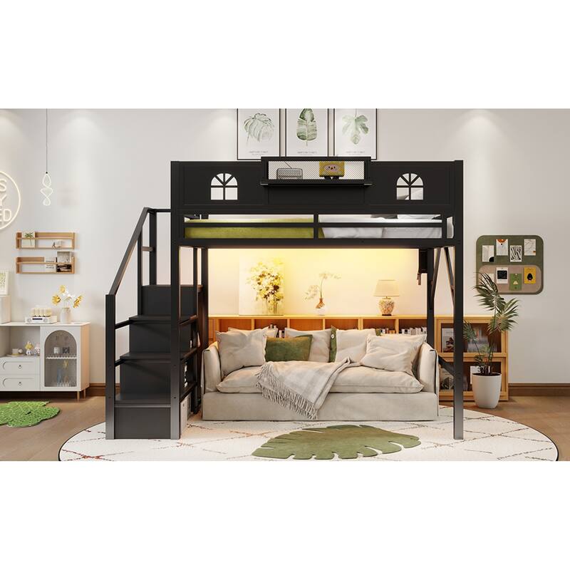 Roomfitters Full/Queen Metal Loft Platform Bed, Staircase Wardrobe and LED Charging Station with House Guardrails for Bedrooms