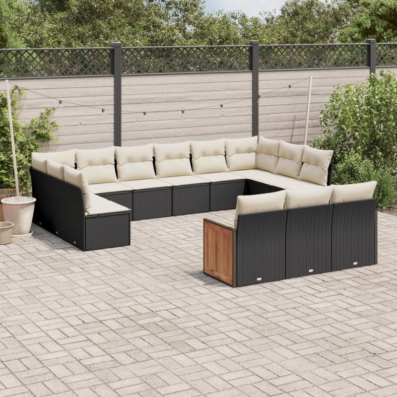 vidaXL Patio Sofa Set with Cushions Outdoor Conversation Furniture Poly Rattan - Black and cream without table - 24.4 x 24.4 x 27.2 in