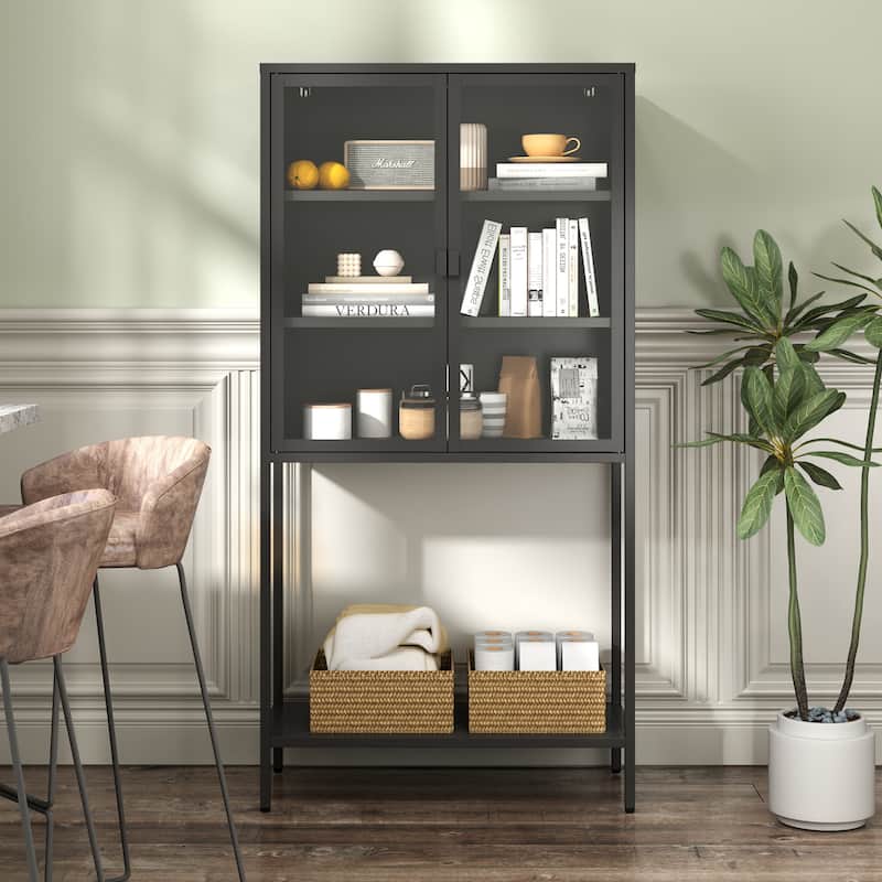 Metal Storage Cabinet: Glass Doors, 2 Adjustable Shelves - Tall Modern Bookcase for Home Office, Living Room, Pantry