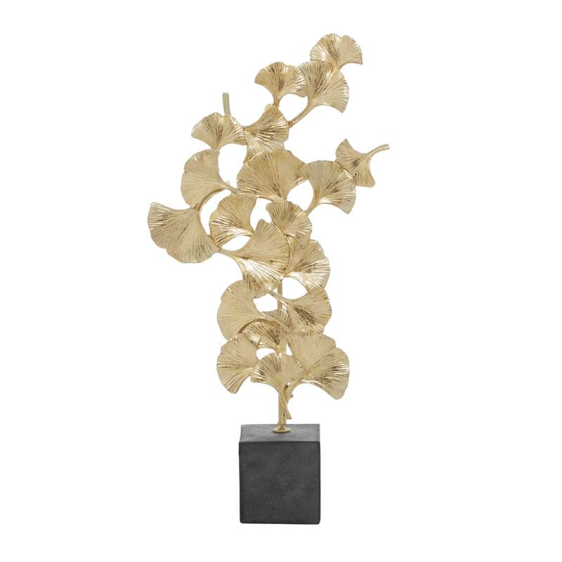 Polystone Floral Decorative Sculpture with Black Block Base - Silver or Gold - Roche River Decor
