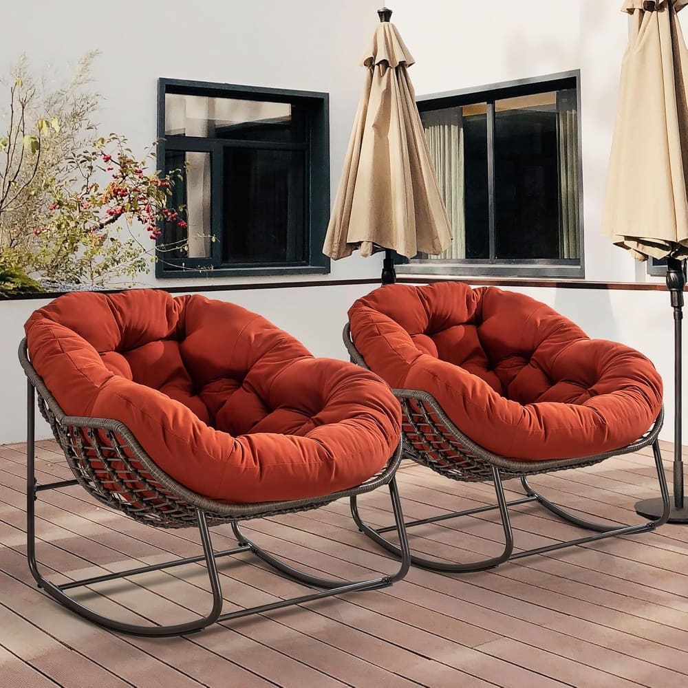 Outdoor Rattan Rocker Recliner Chair With Polyester Padded Cushion （set of 2）