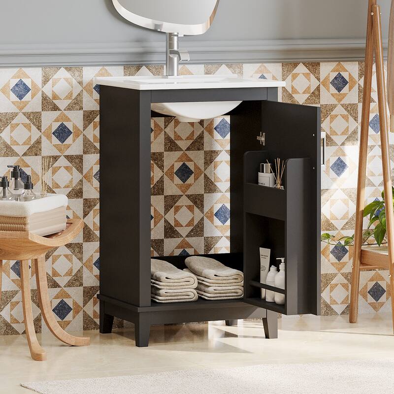 20 Inch Modern Small Bathroom Vanity Cabinet With Ceramic Basin,Ample Storage,1 Soft Close Doo