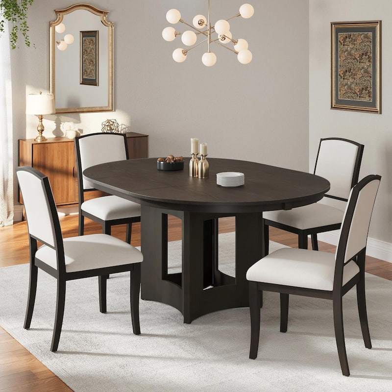 5-Piece Kitchen Table Set with 4 Upholstered Chairs and 16-Inch Removable Leaf - Beige+Espresso