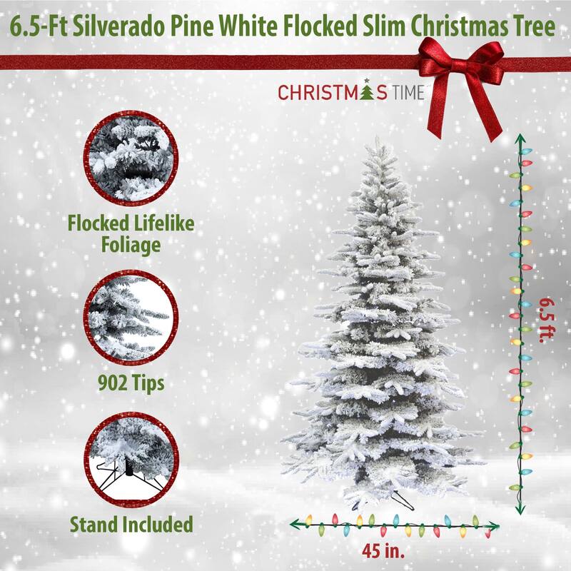 Christmas Time 6.5-Ft Silverado Pine White Flocked Slim Christmas Tree with Metal Stand