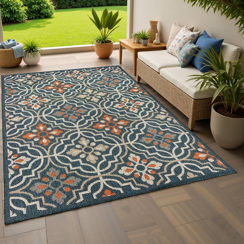 Vista Home Higgins Quatrefoil Panel Indoor/ Outdoor Area Rug by Havenside Home - 9' 10" x 12' 10" - Blue/Orange - Rectangle
