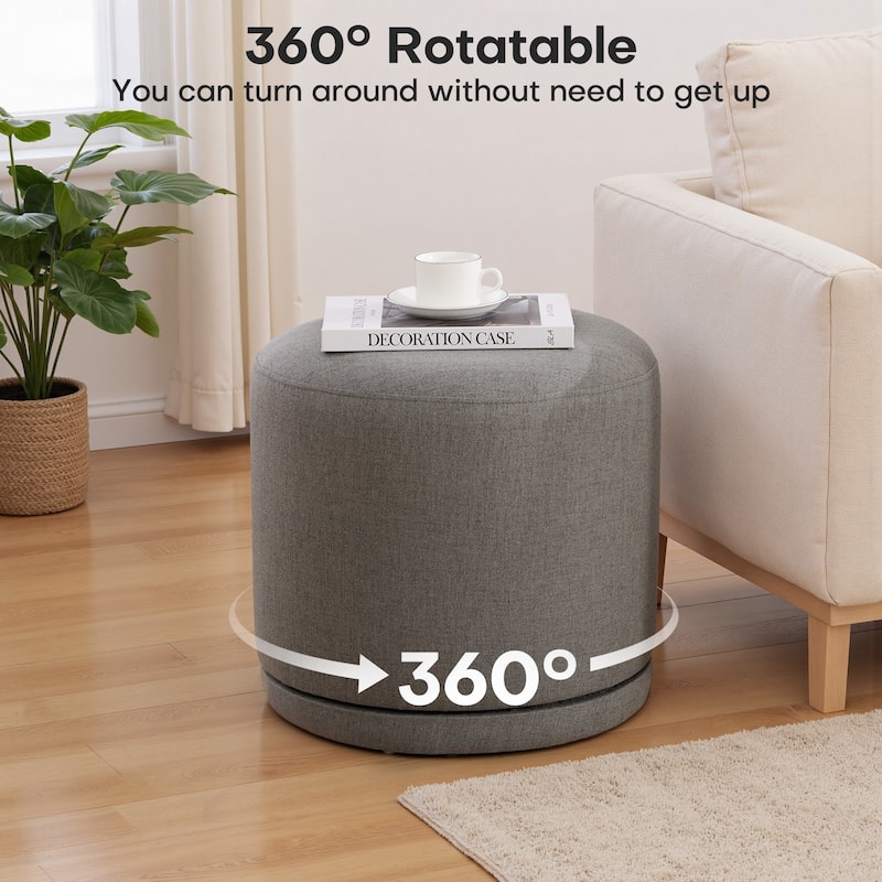 Fully Assembled Linen Round Swivel Ottoman Footstool with Acacia Hardwood Frame