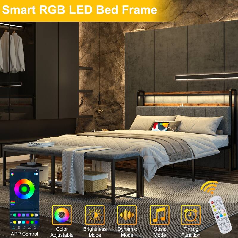 Javlergo Bed Frame with Bench, Bedframes with Charging Staions, Headboard and Storage Bench, LED Lights and Storage Shelves