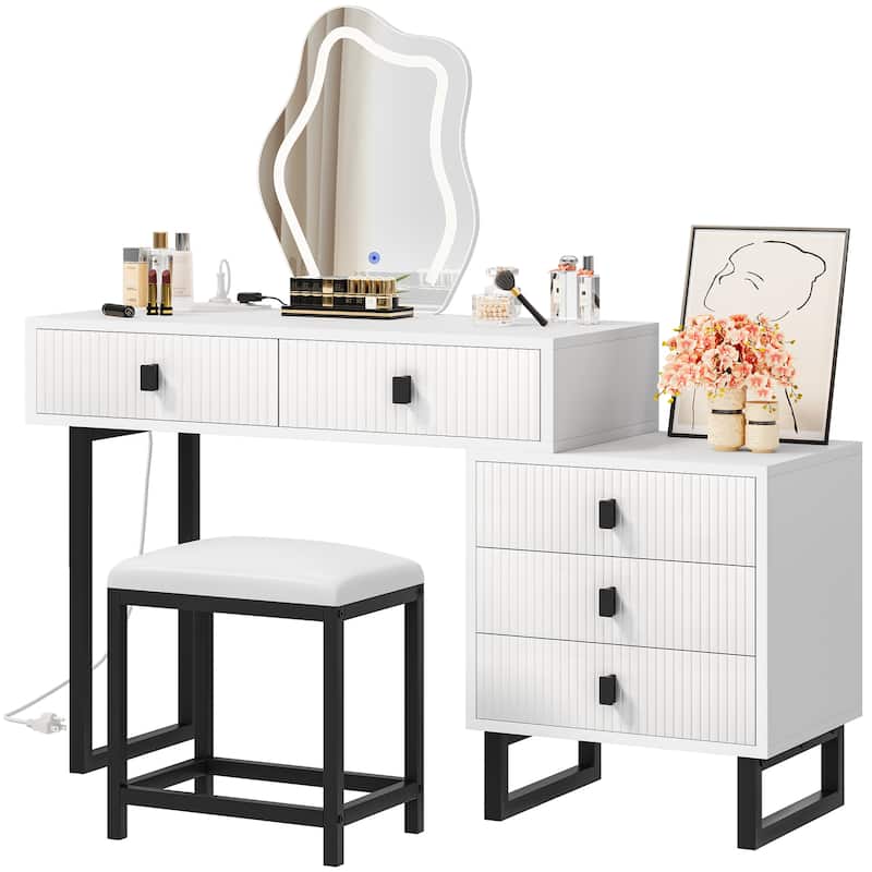 Moasis 46''Makeup Vanity Irregular LED Mirror Vanity Desk - White - 5-drawer