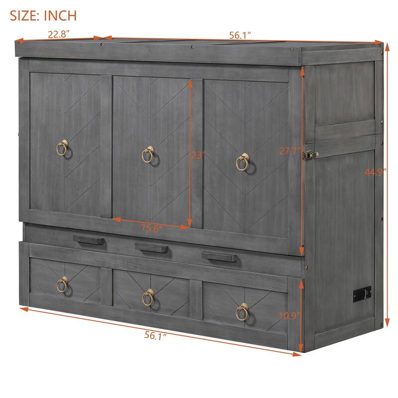 Space-Saving Full Murphy Bed with USB Port, Power Outlets & Large Drawer - Convertible Cabinet Design
