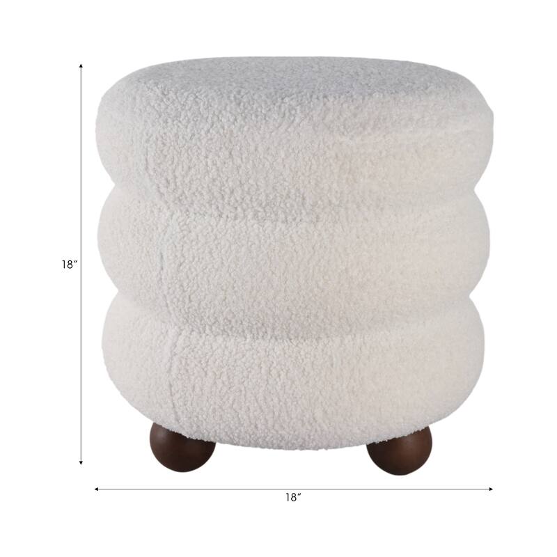 Decorative Round Ottoman with Ribbed Design and Ball Feet- 18", Ivory
