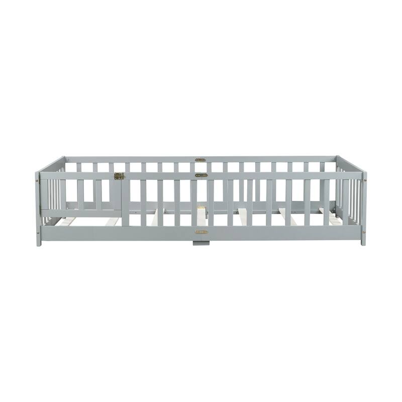 Floor Bed with Fence,Door and Safety Guardrails,Perfect for Kids' Play,Sleep and Development - Grey-Twin Size