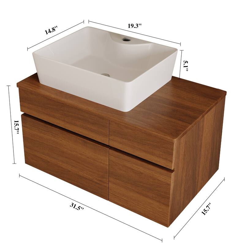 Floating Single Small Bathroom Vanity with Integrated Vessel Ceramic Sink and Multi-layer Storage Solid Wood Cabinet