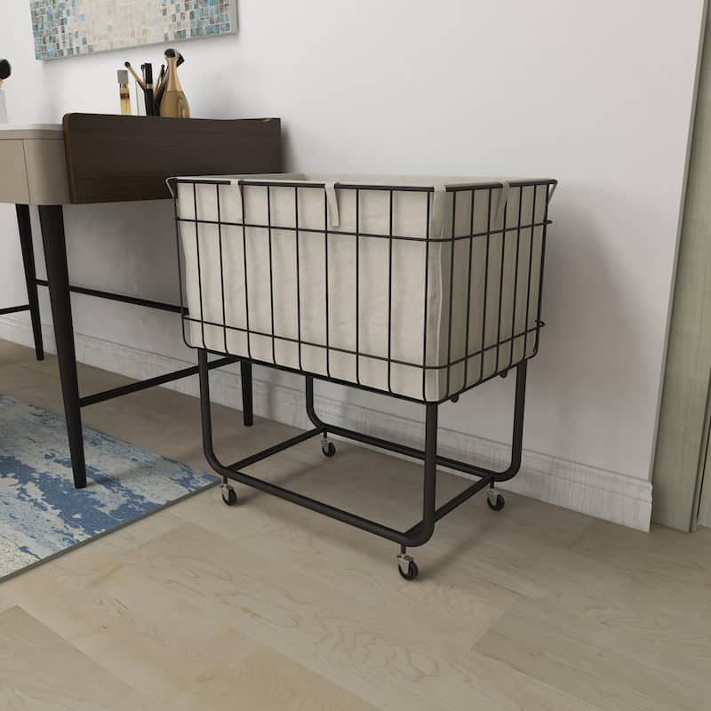 Black Metal Deep Set Wire Basket Storage Cart with Wheels and Fabric Lining