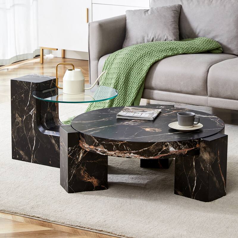 Double-Layer Round Coffee Table, Transparent Glass Top with L-Shaped Legs, Detachable Design Modern Center Table