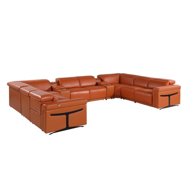 HomeRoots Camel Italian Leather Power Reclining U Shaped Ten Piece Corner Sectional With Console