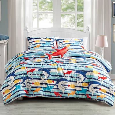 Blue Sharks Fish Sea Life Kids Comforter Set Embroidery Soft Bedding Set