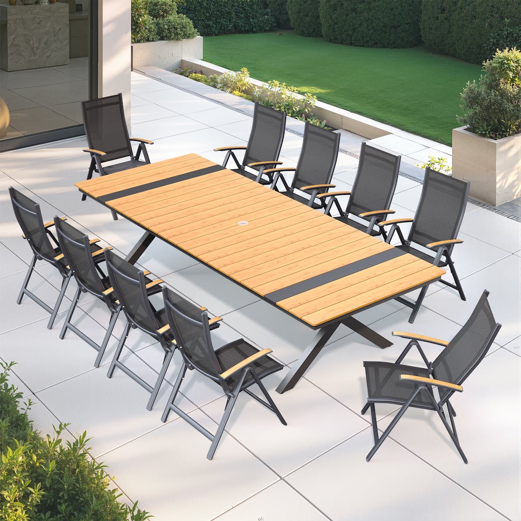 9/11PC Outdoor Patio Dining Set With Aluminum X-Frame Table Umbrella Hole Table Folding Chairs
