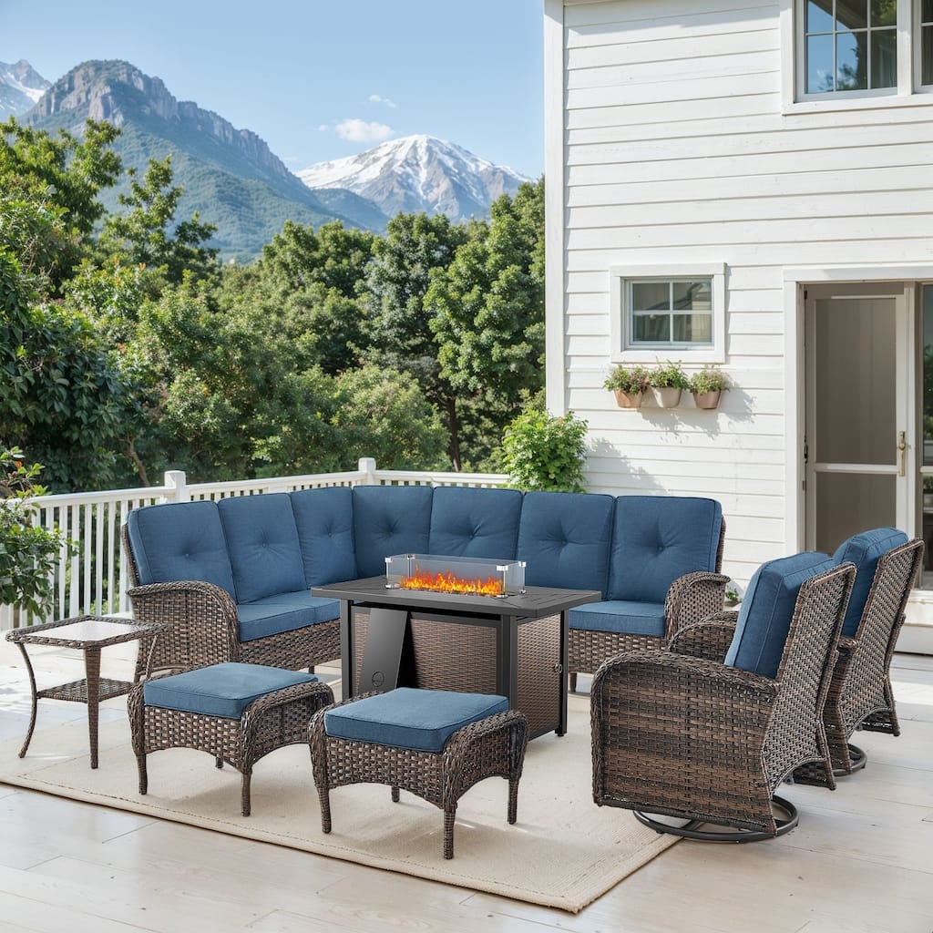 Fire Pit Table with Sectional Sofa Swivel Chairs Ottomans -Blue - Brown